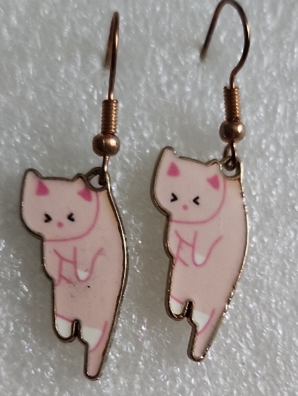 Hand Crafted Pink Cat Drop Earrings with Gold Accents